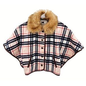 Janie & Jack Button Up Poncho Girls Sz 3 4 Jacket Sweater Pink Plaid Fur Pockets